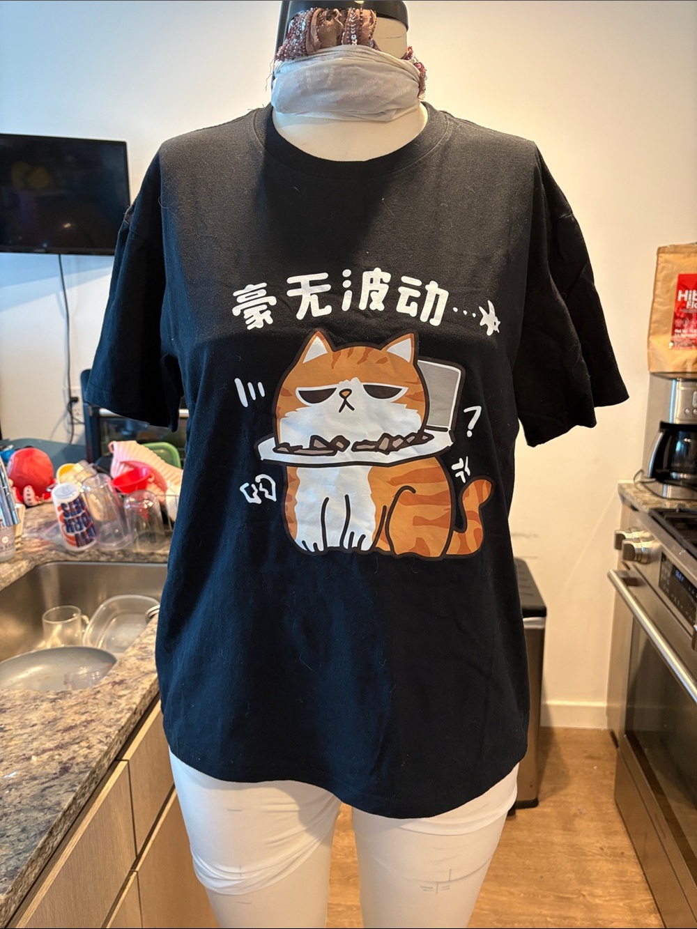 Forever 21 Black Tee with Orange & White Tabby Cat Graphic